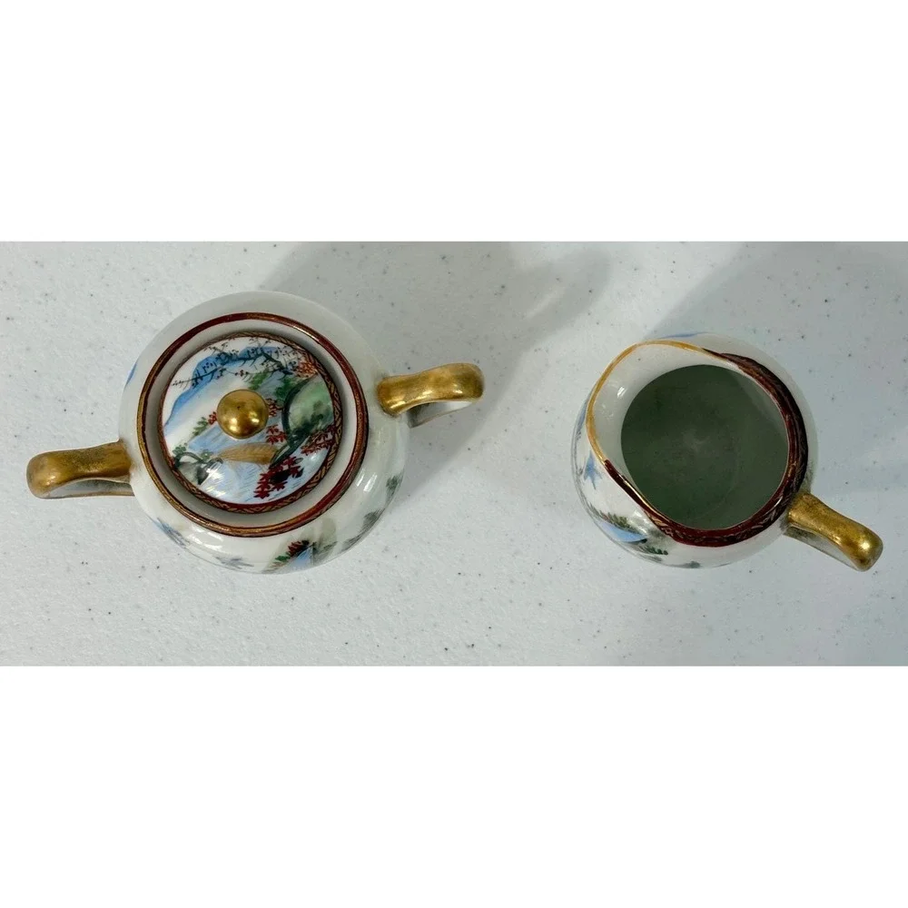 Vintage Japanese Hand Painted Porcelain Creamer and Sugar Bowl Set Waterfall